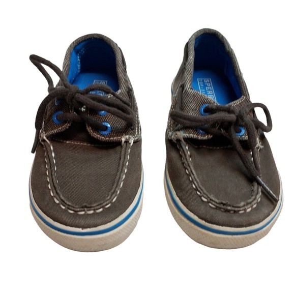 Sperry Top-Sider Boys Boat Shoes Size 11M Brown Canvas Blue Accents Tie Laces - Picture 3 of 9